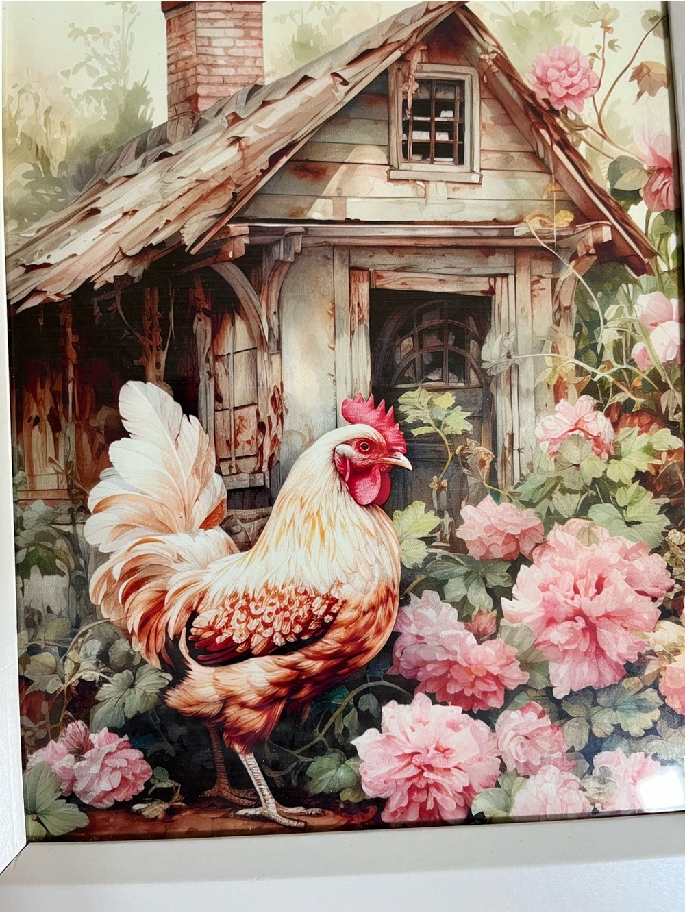 Hobby Lobby White Framed Rooster Art Print with Pink Floral Accents - Picture 13 of 13